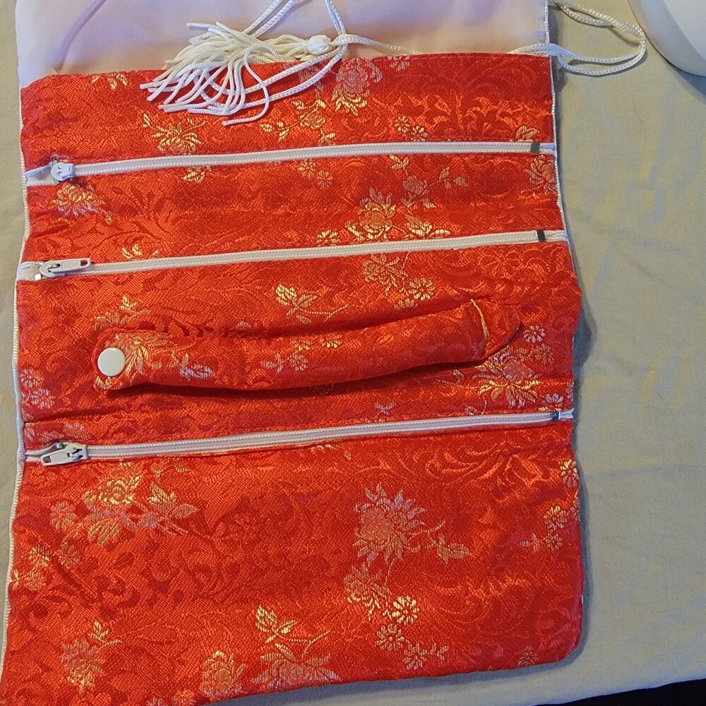 Asian Styled Printed Folding Red Satin Zipper Pouch